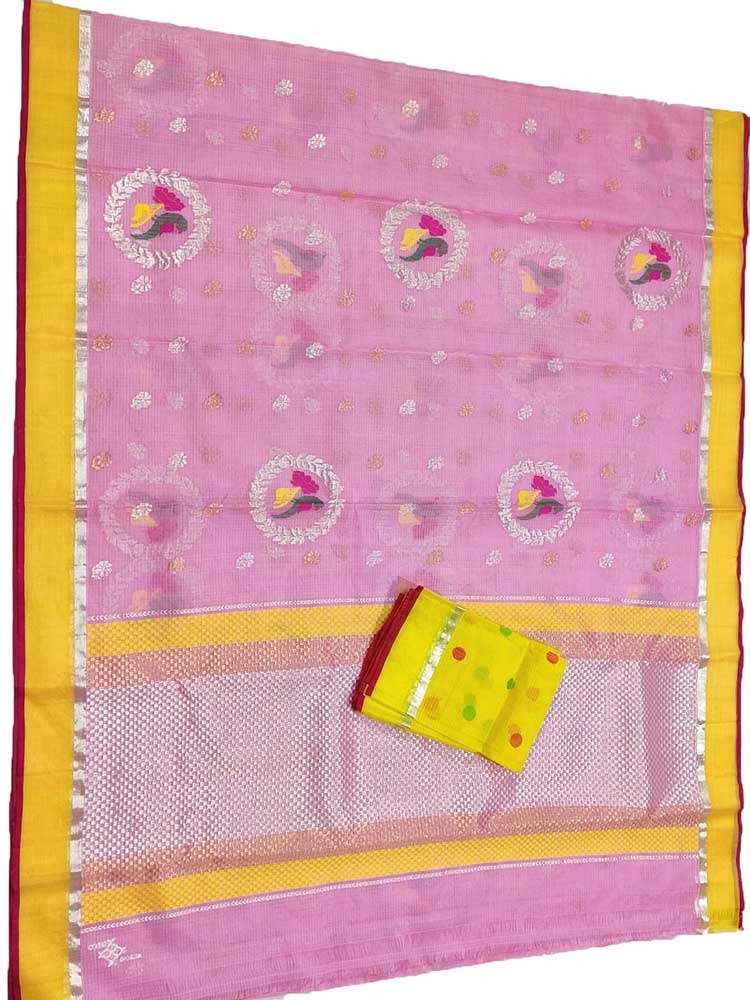 Pink Handloom Kota Doria Real Zari Saree - Luxurion World