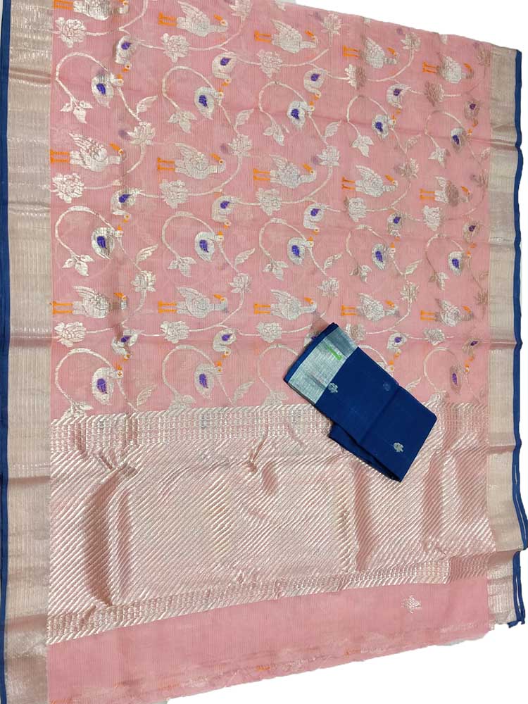 Pink Handloom Kota Doria Real Zari Saree - Luxurion World