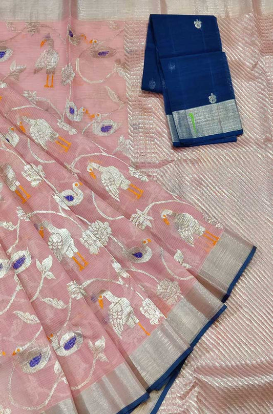 Pink Handloom Kota Doria Real Zari Saree - Luxurion World