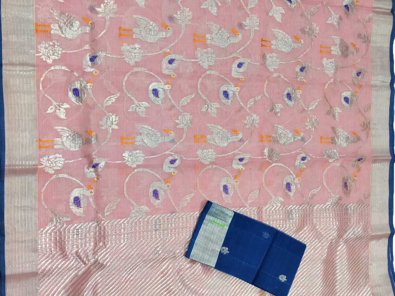 Pink Handloom Kota Doria Real Zari Saree - Luxurion World