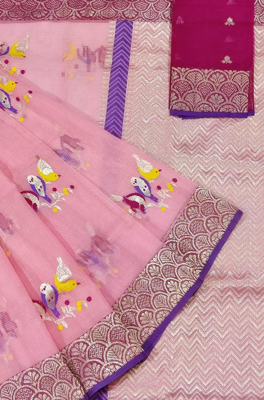 Pink Handloom Kota Doria Real Zari Saree - Luxurion World