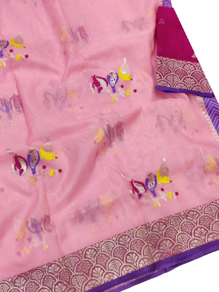 Pink Handloom Kota Doria Real Zari Saree - Luxurion World