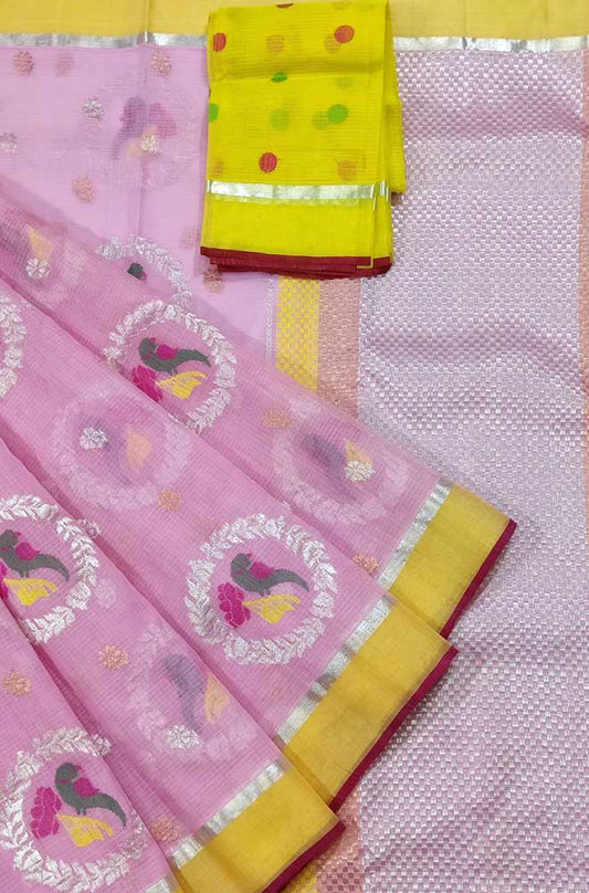 Pink Handloom Kota Doria Real Zari Saree - Luxurion World