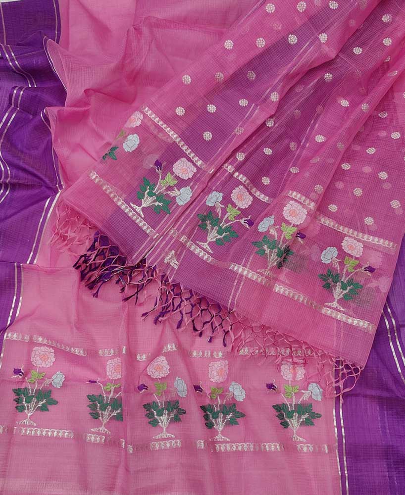 Pink Handloom Kota Doria Real Zari Two Piece Unstitched Suit Set