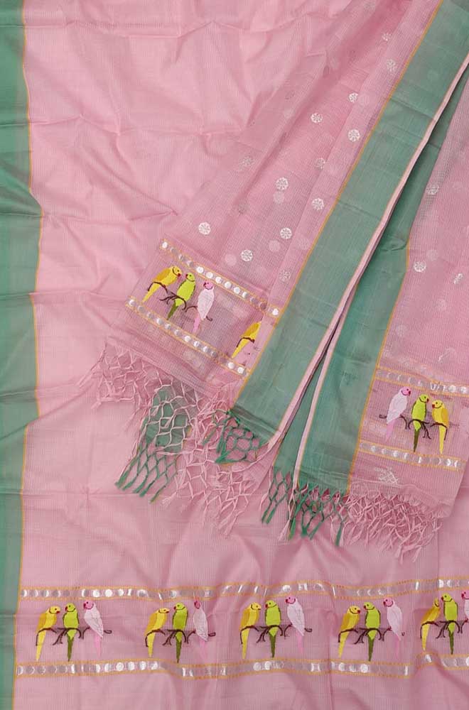 Pink Handloom Kota Doria Real Zari Two Piece Unstitched Suit Set - Luxurion World