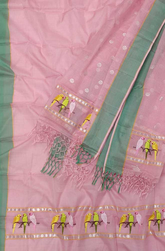 Pink Handloom Kota Doria Real Zari Two Piece Unstitched Suit Set