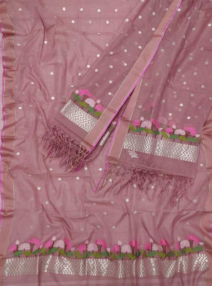 Pink Handloom Kota Doria Real Zari Two Piece Unstitched Suit Set - Luxurion World