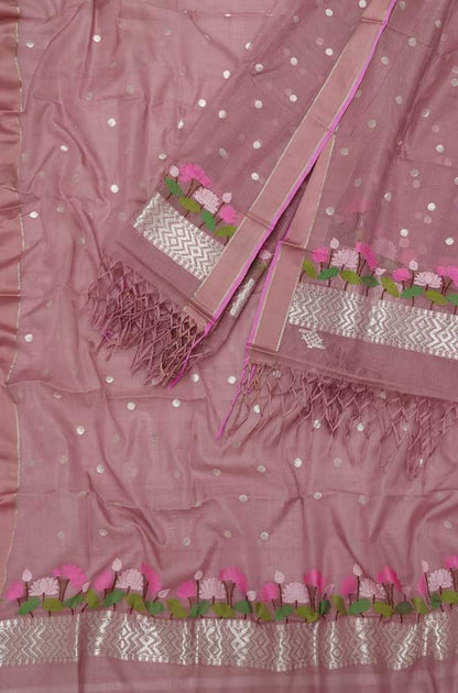 Pink Handloom Kota Doria Real Zari Two Piece Unstitched Suit Set - Luxurion World