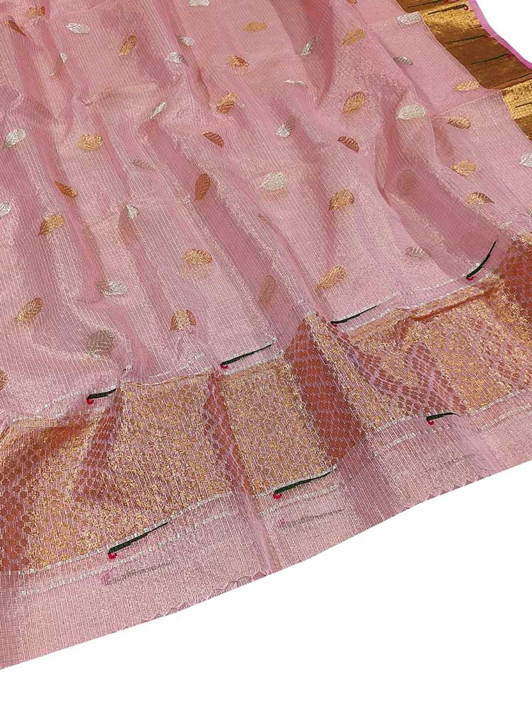 Pink Handloom Kota Doria Tissue Silk Real Zari Sona Roopa Muniya Border Dupatta