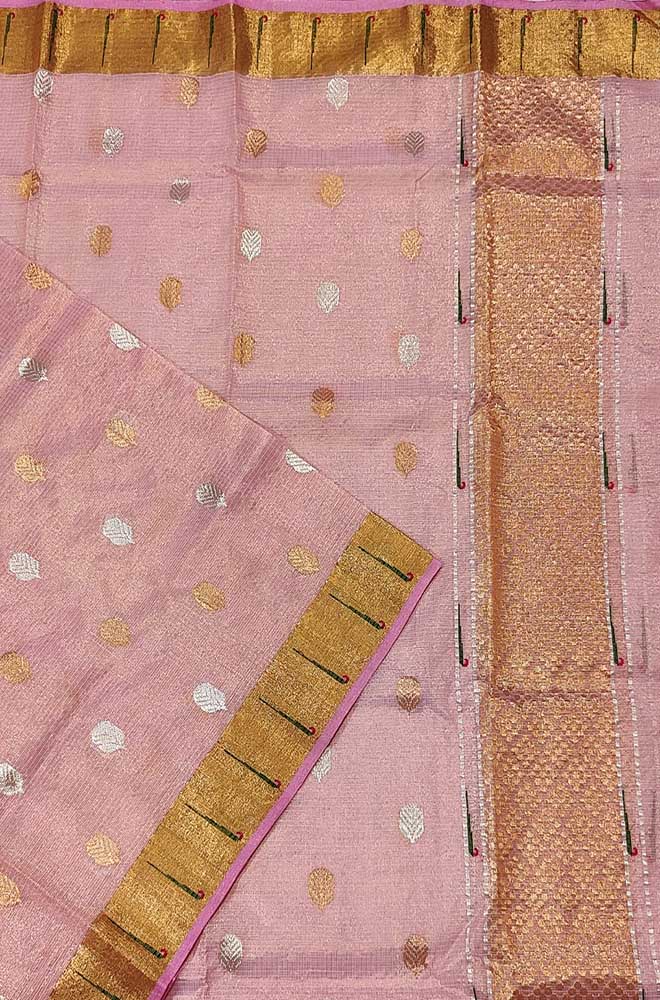 Pink Handloom Kota Doria Tissue Silk Real Zari Sona Roopa Muniya Border Dupatta
