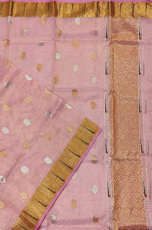 Pink Handloom Kota Doria Tissue Silk Real Zari Sona Roopa Muniya Border Dupatta - Luxurion World