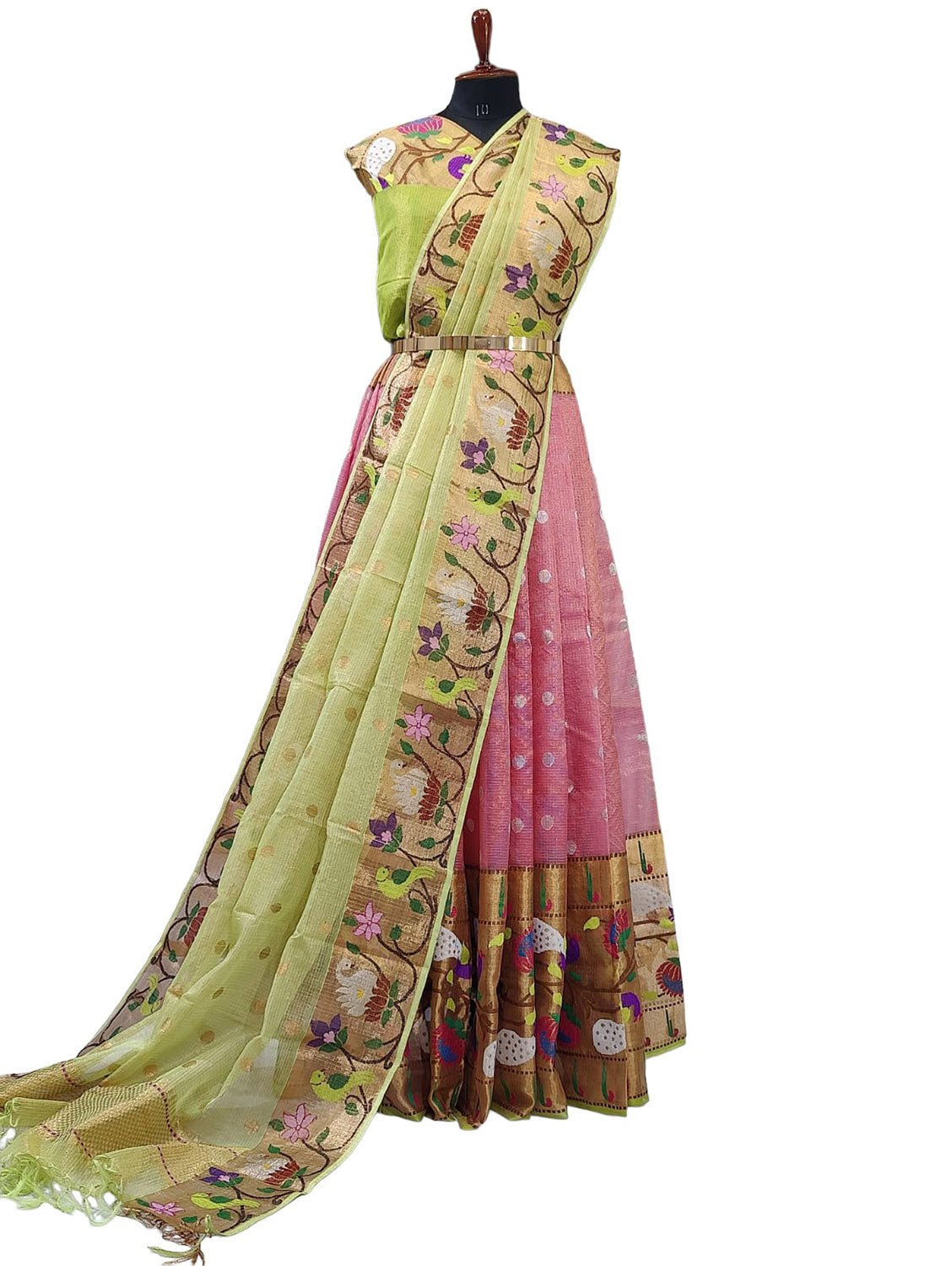 Pink Handloom Kota Doria Tissue Silk Unstitched Lehenga Set - Luxurion World