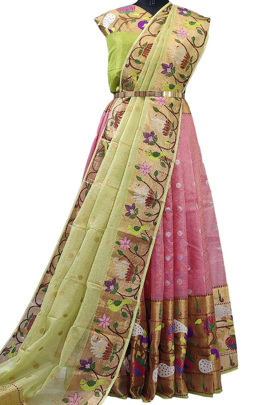 Pink Handloom Kota Doria Tissue Silk Unstitched Lehenga Set - Luxurion World