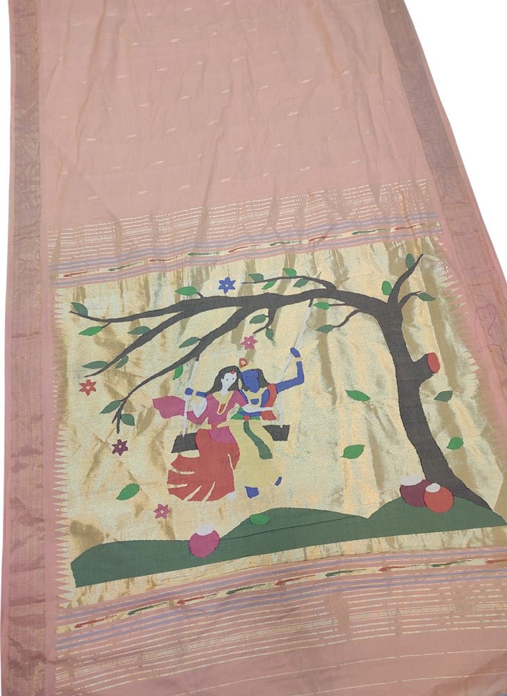 Pink Handloom Paithani Pure Cotton Figure Work Saree - Luxurion World