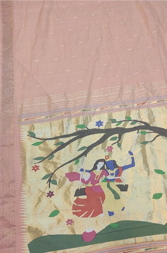 Pink Handloom Paithani Pure Cotton Figure Work Saree - Luxurion World