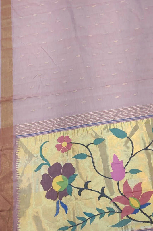 Pink Handloom Paithani Pure Cotton Floral Design Saree - Luxurion World