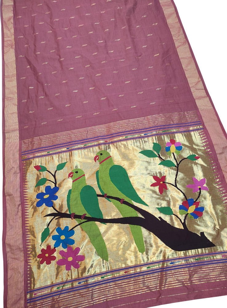Pink Handloom Paithani Pure Cotton Parrot And Flower Design Saree - Luxurion World