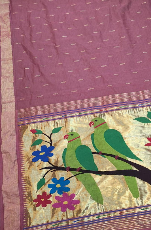Pink Handloom Paithani Pure Cotton Parrot And Flower Design Saree - Luxurion World