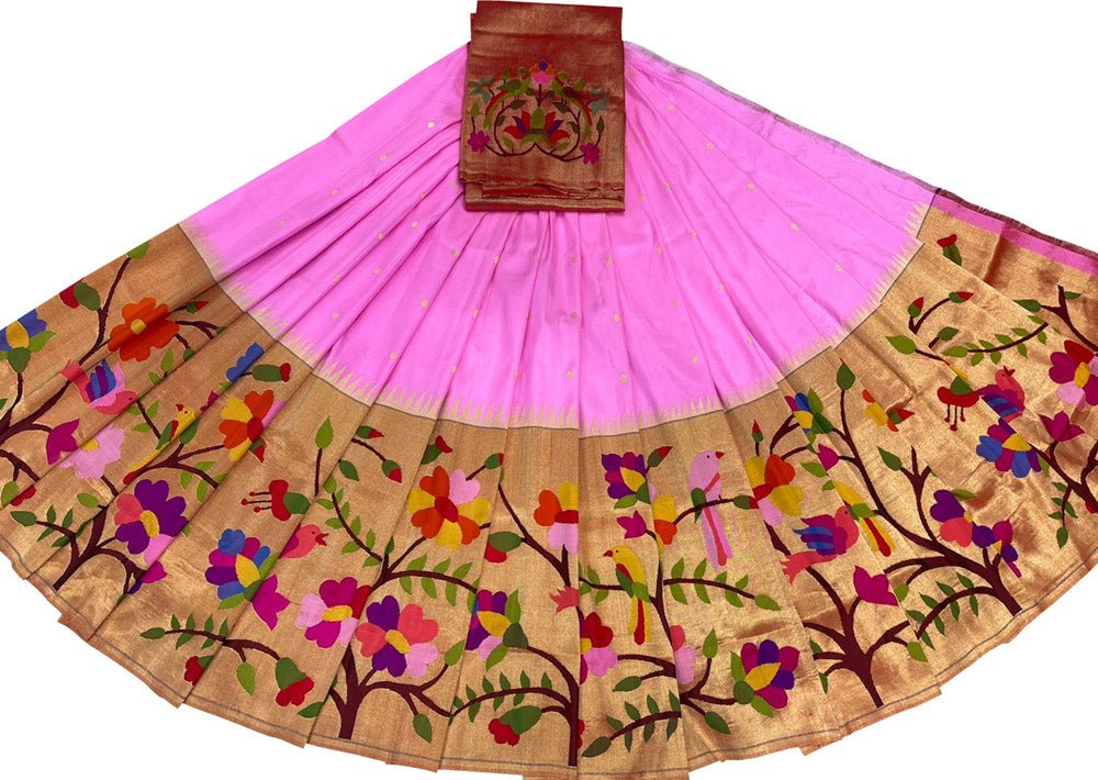 Pink Handloom Paithani Pure Silk Lehenga Fabric - Luxurion World