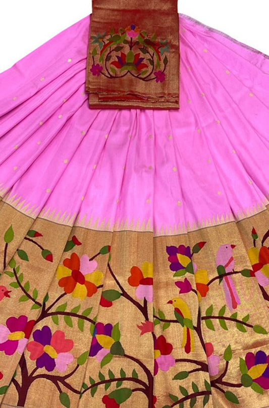 Pink Handloom Paithani Pure Silk Lehenga Fabric - Luxurion World