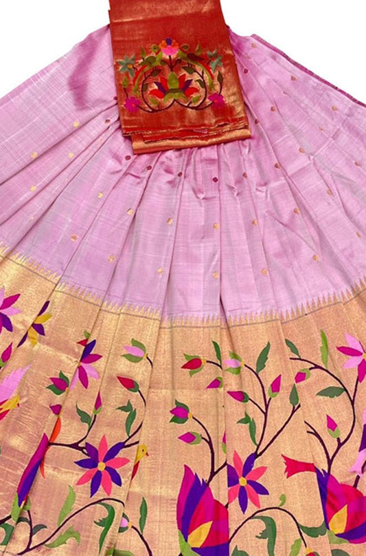 Pink Handloom Paithani Pure Silk Lehenga Fabric - Luxurion World