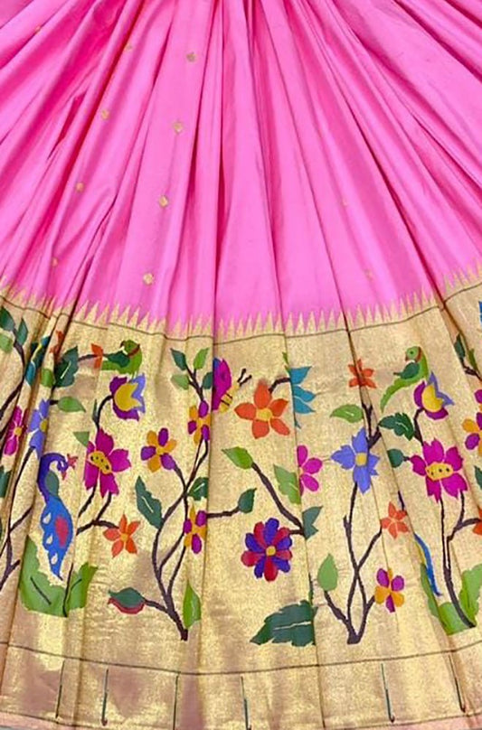 Pink Handloom Paithani Pure Silk Lehenga Fabric - Luxurion World