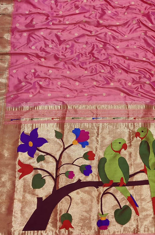 Pink Handloom Paithani Pure Silk Muniya Border Parrot And Floral Design Saree - Luxurion World