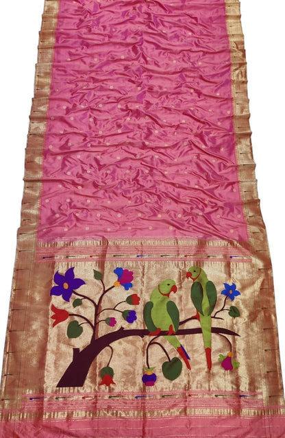 Pink Handloom Paithani Pure Silk Muniya Border Parrot And Floral Design Saree - Luxurion World