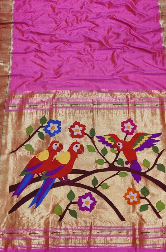 Pink Handloom Paithani Pure Silk Muniya Border Parrot And Floral Design Saree - Luxurion World