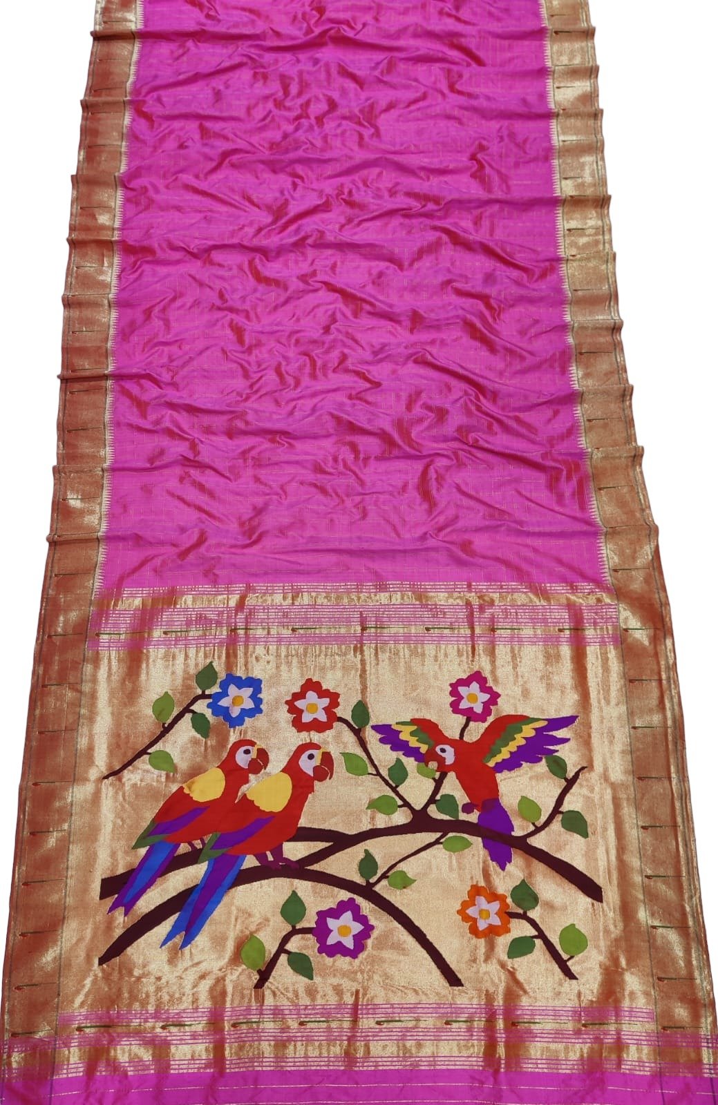 Pink Handloom Paithani Pure Silk Muniya Border Parrot And Floral Design Saree - Luxurion World