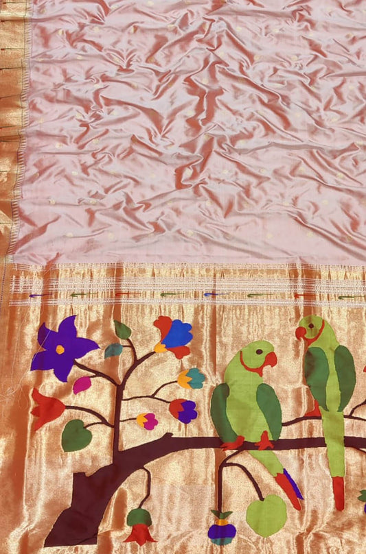 Pink Handloom Paithani Pure Silk Muniya Border Parrot And Floral Design Saree - Luxurion World