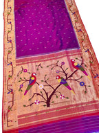 Pink Handloom Paithani Pure Silk Muniya Border Peacock And Parrot Desogn Saree - Luxurion World