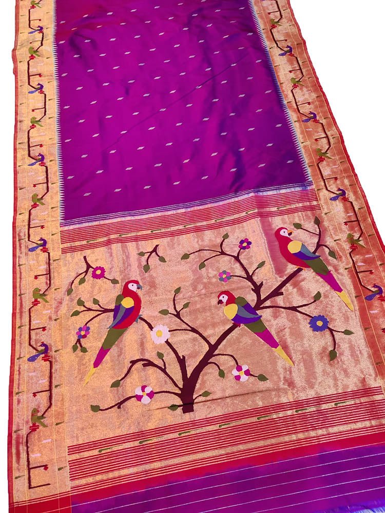 Pink Handloom Paithani Pure Silk Muniya Border Peacock And Parrot Desogn Saree - Luxurion World