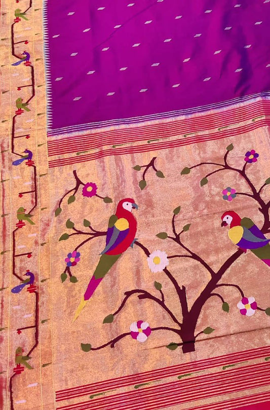 Pink Handloom Paithani Pure Silk Muniya Border Peacock And Parrot Desogn Saree - Luxurion World