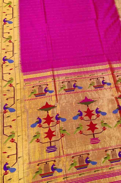 Pink Handloom Paithani Pure Silk Muniya Border Peacock Design Saree