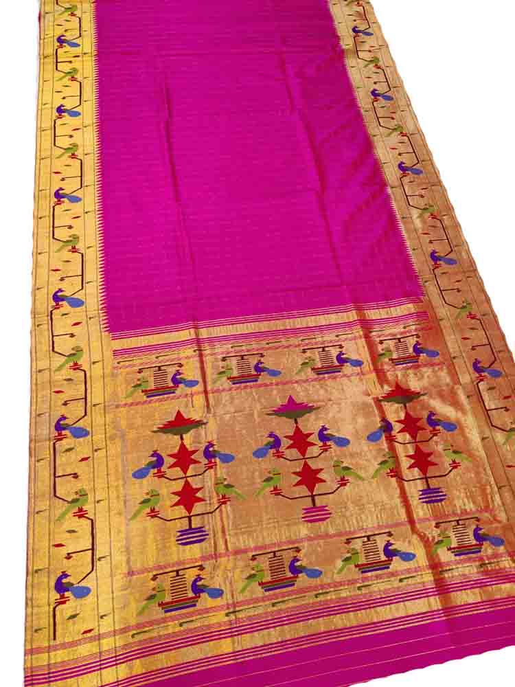 Pink Handloom Paithani Pure Silk Muniya Border Peacock Design Saree - Luxurion World