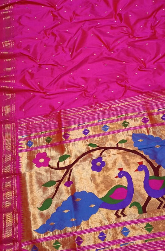 Pink Handloom Paithani Pure Silk Peacock And Floral Design Saree - Luxurion World