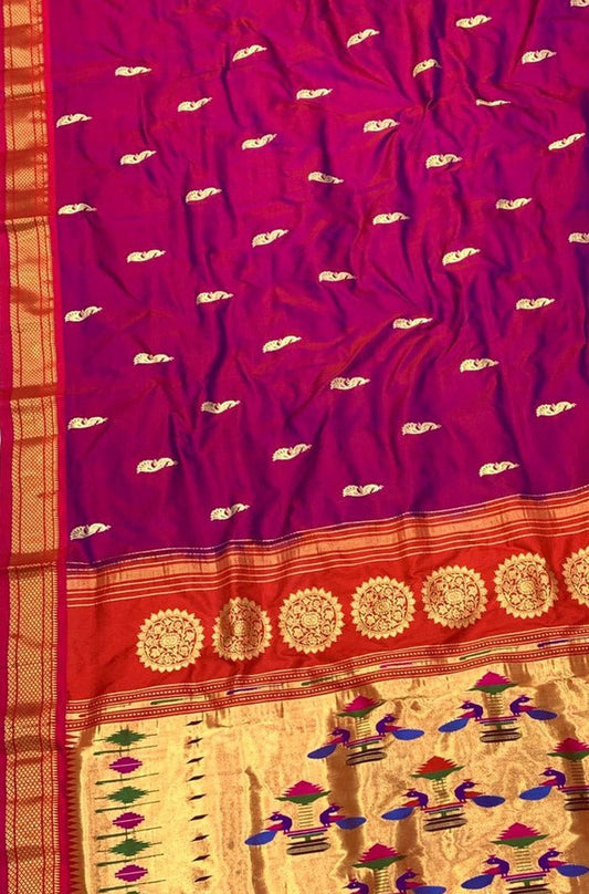 Pink Handloom Paithani Pure Silk Saree - Luxurion World
