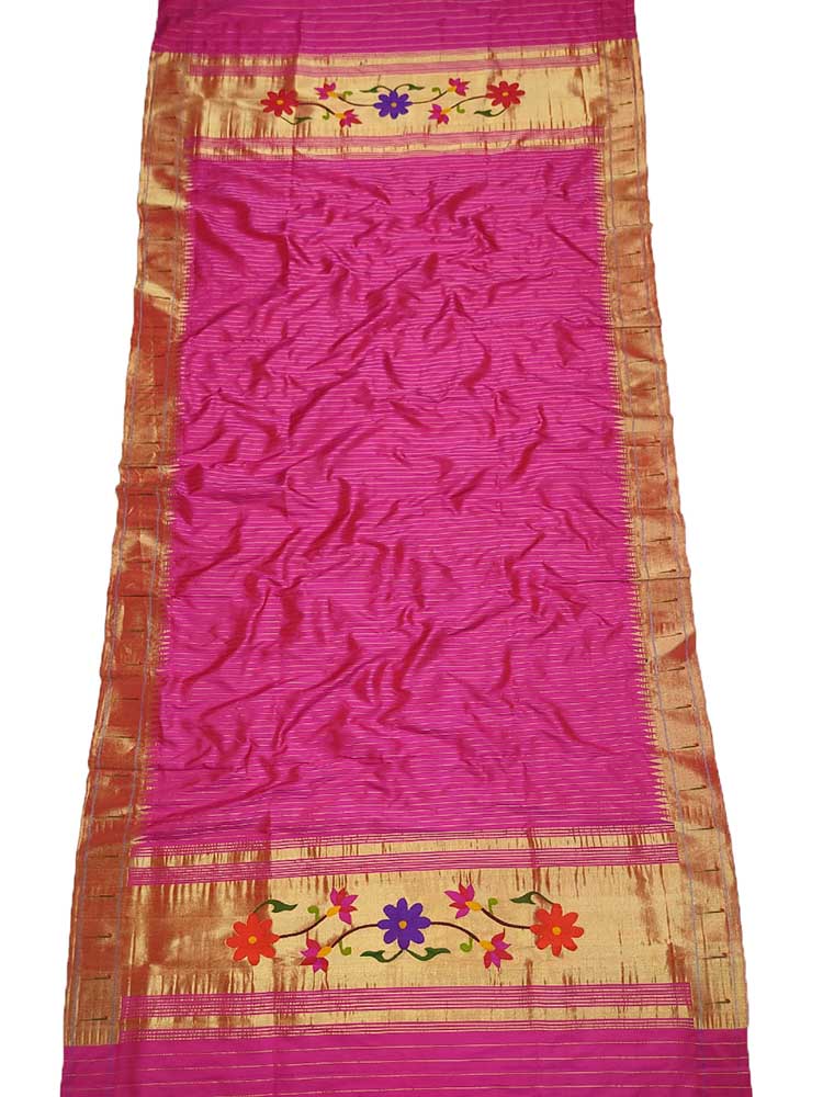 Pink Handloom Paithani Pure Silk Single Muniya Border Floral Design Dupatta - Luxurion World