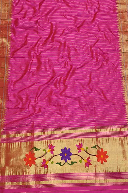 Pink Handloom Paithani Pure Silk Single Muniya Border Floral Design Dupatta - Luxurion World