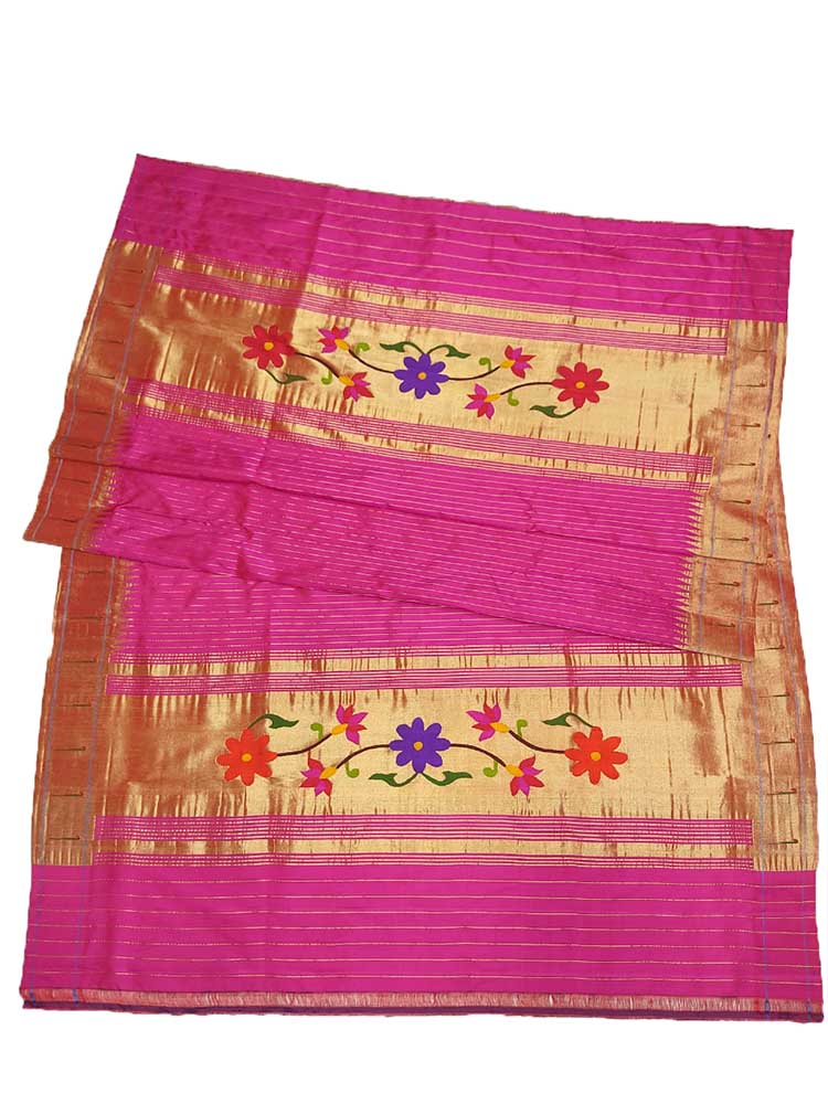 Pink Handloom Paithani Pure Silk Single Muniya Border Floral Design Dupatta - Luxurion World