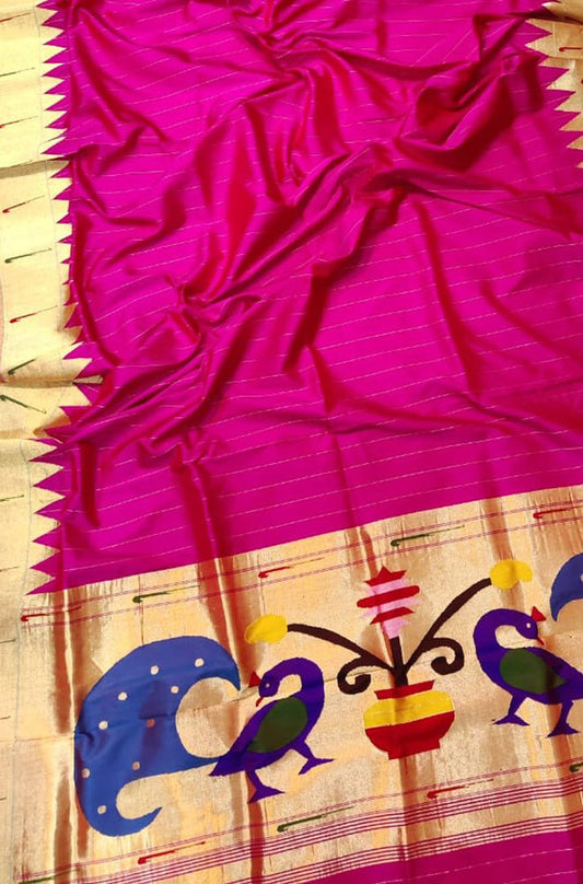 Pink Handloom Paithani Pure Silk Single Muniya Dupatta - Luxurion World