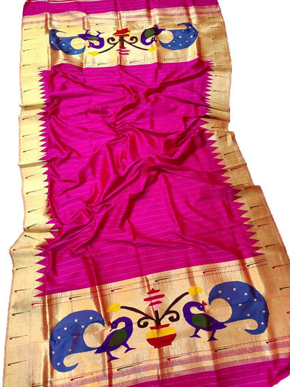 Pink Handloom Paithani Pure Silk Single Muniya Dupatta - Luxurion World