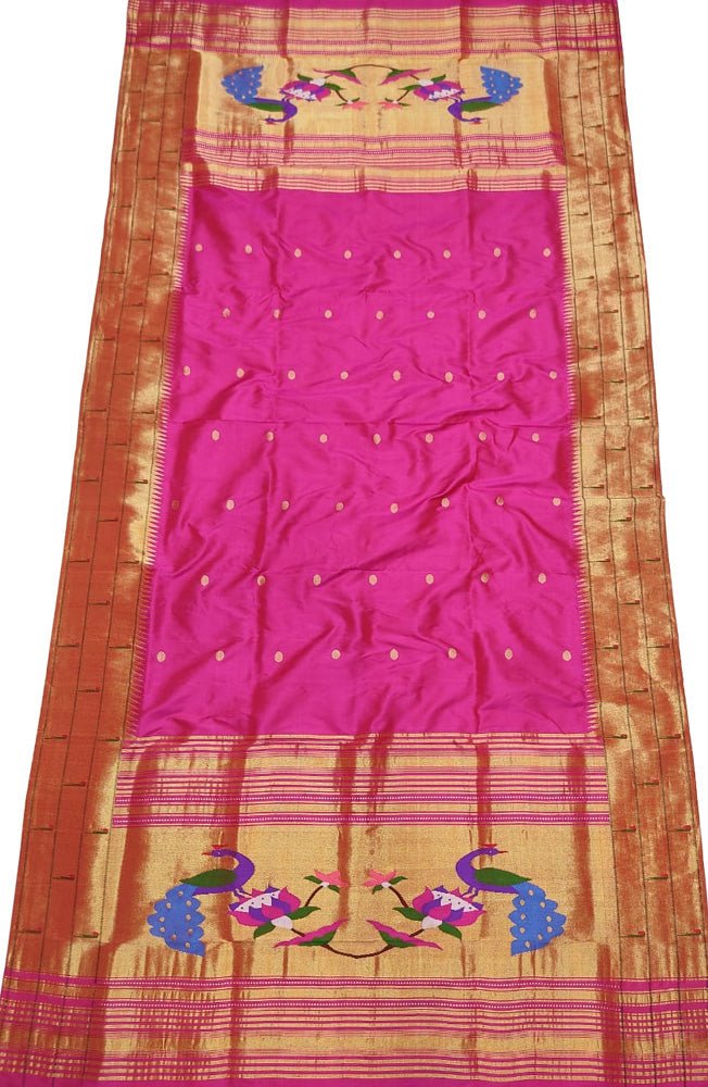 Pink Handloom Paithani Pure Silk Triple Muniya Border Dupatta - Luxurion World