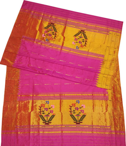Pink Handloom Paithani Pure Silk Triple Muniya Border Dupatta - Luxurion World