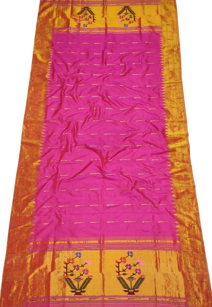 Pink Handloom Paithani Pure Silk Triple Muniya Border Dupatta - Luxurion World