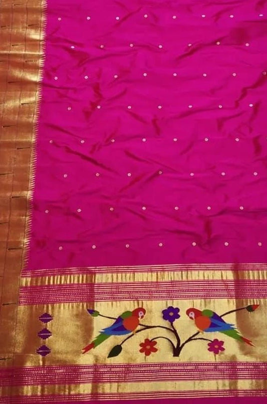 Pink Handloom Paithani Pure Silk Triple Muniya Border Dupatta - Luxurion World