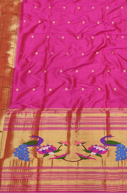 Pink Handloom Paithani Pure Silk Triple Muniya Border Dupatta - Luxurion World
