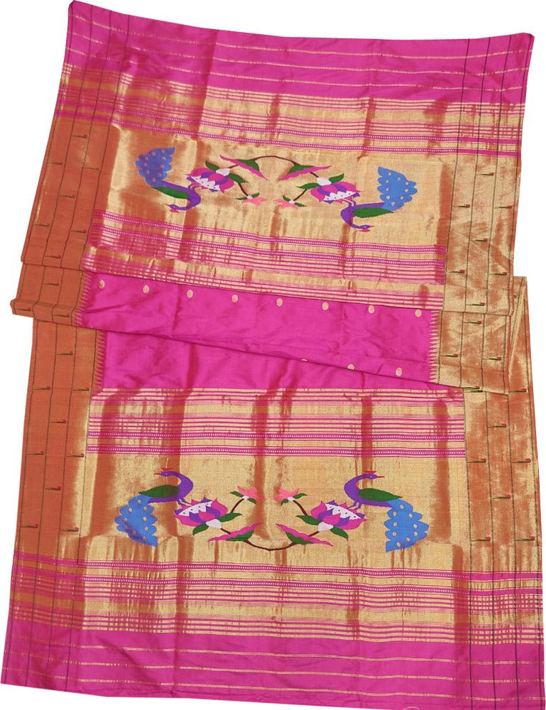 Pink Handloom Paithani Pure Silk Triple Muniya Border Dupatta - Luxurion World