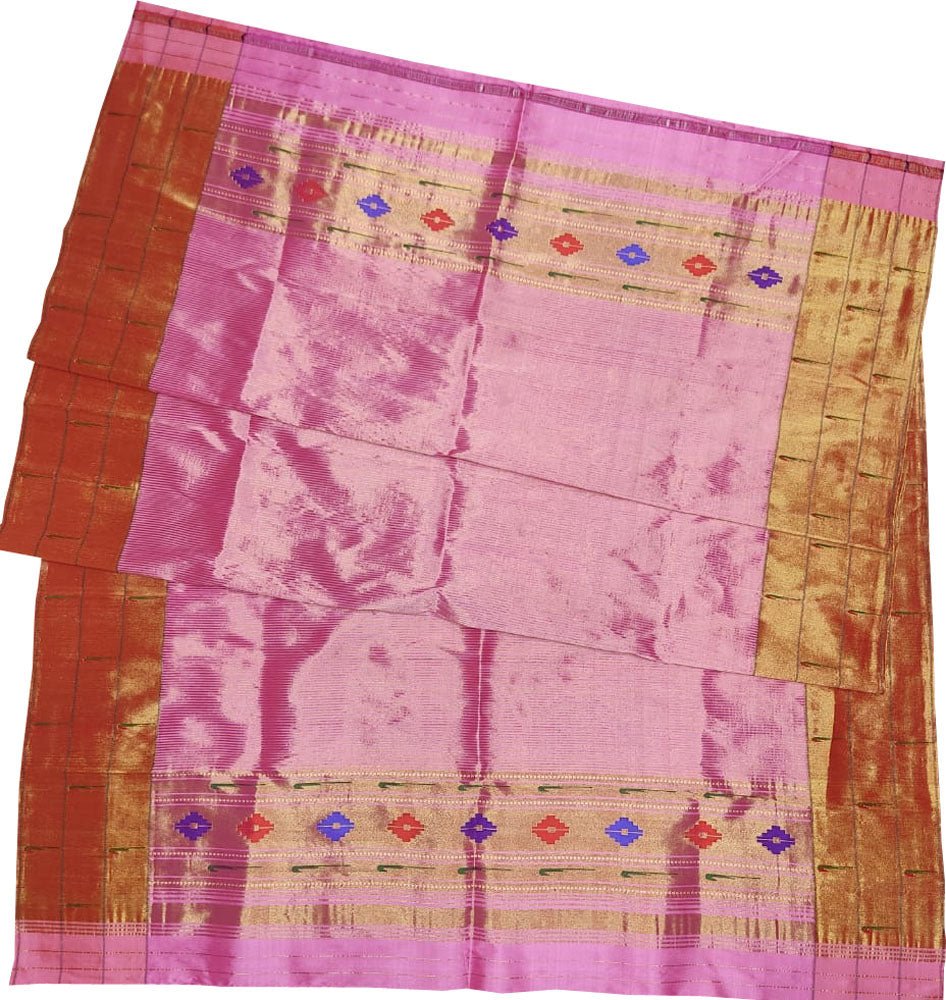 Pink Handloom Paithani Pure Silk Triple Muniya Border Dupatta - Luxurion World